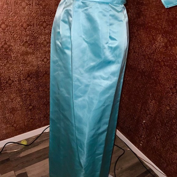 2 PIECES Vintage 1950s 2PC Turquoise Satin Wiggle Dress w/ Matching Swing Coat